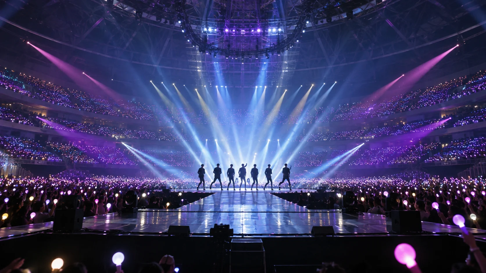 Colorful concert arena filled with thousands of glowing fan light sticks