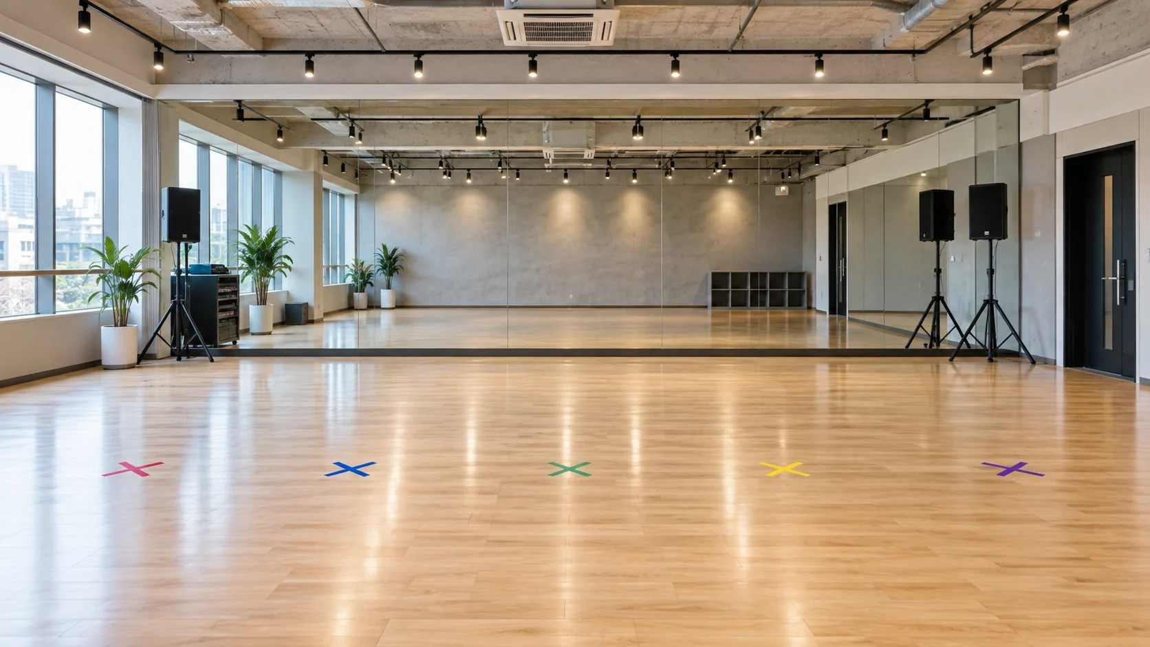 Bright dance practice studio with mirrors and marked rehearsal positions