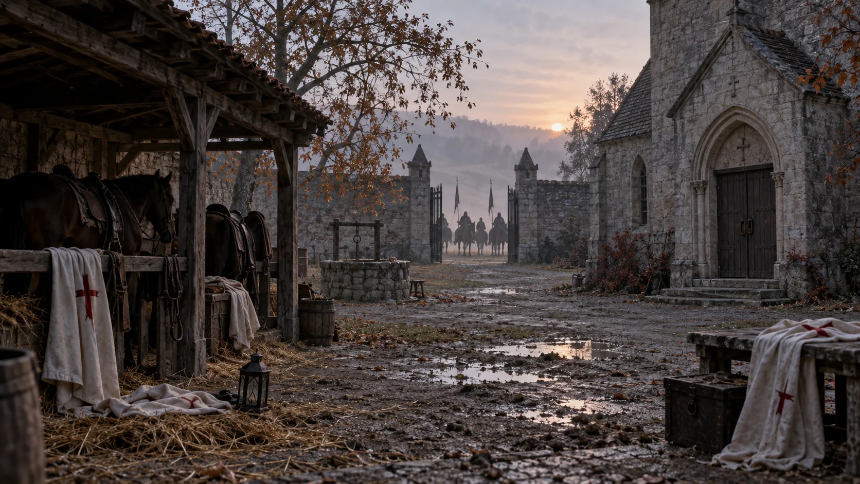 Abandoned French commandery courtyard with scattered white cloaks and mounted officials beyond the gate