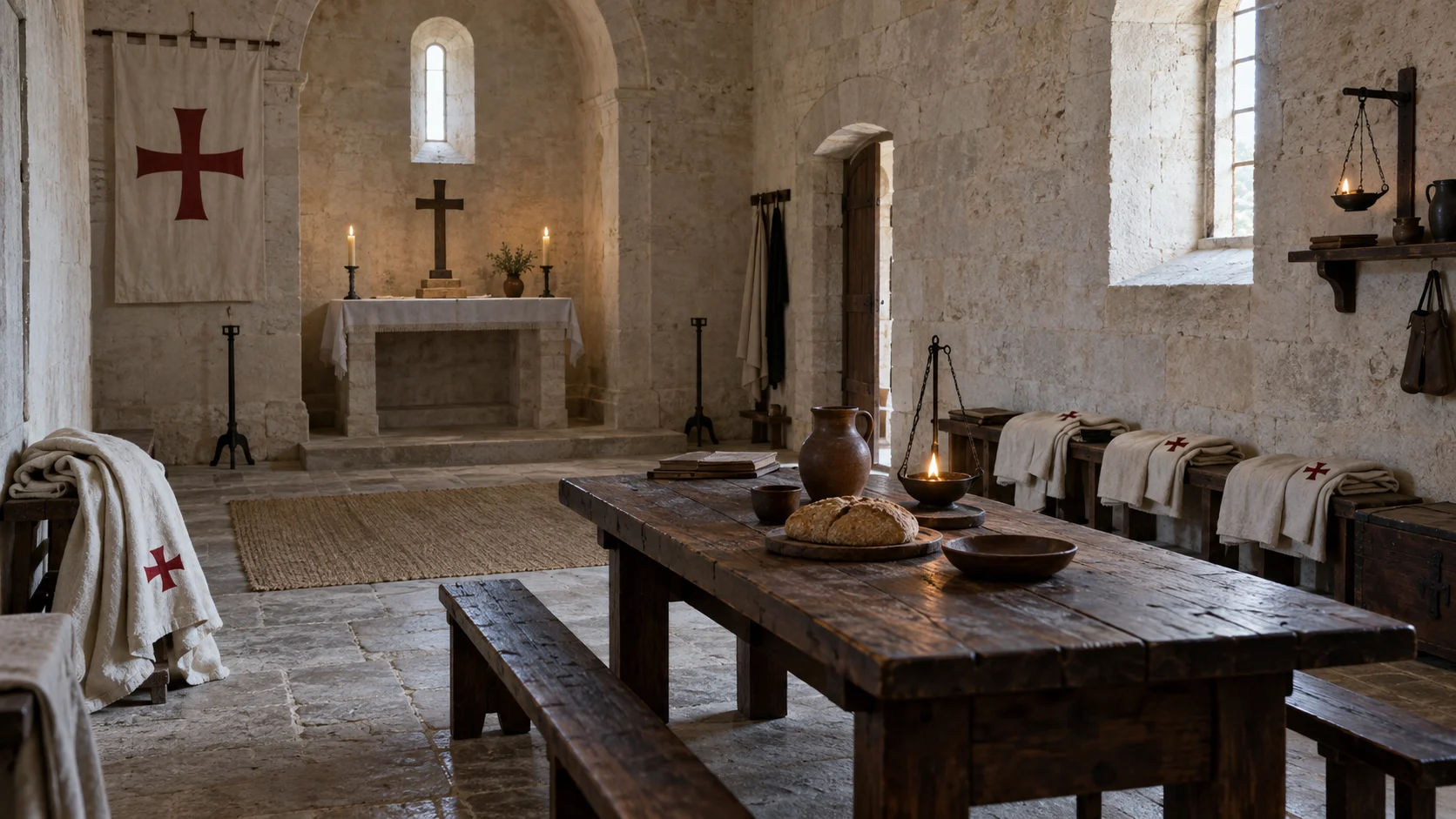 Austere medieval commandery chapel with folded white mantles, bread, water, and oil lamps