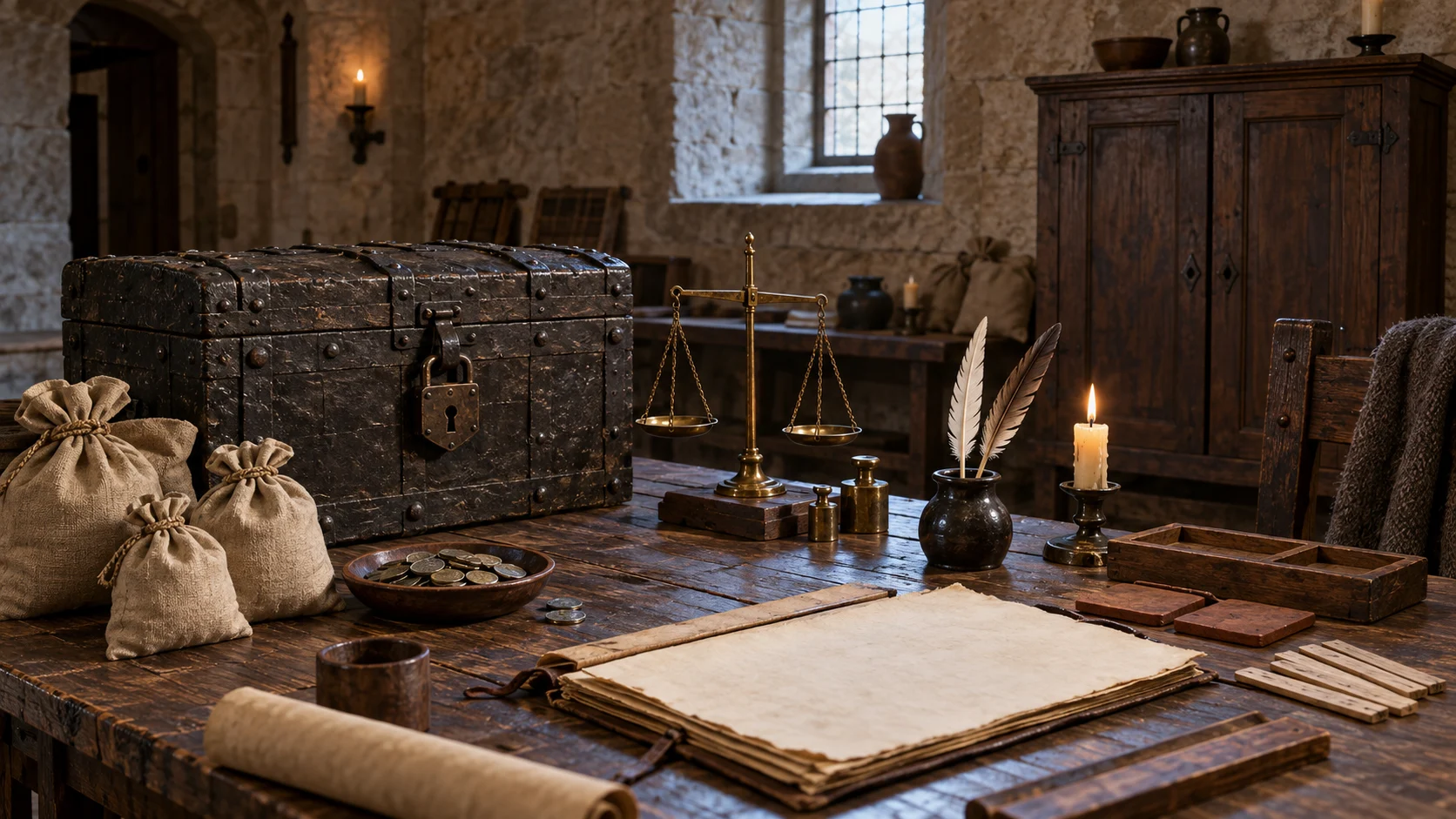 Medieval accounting room with locked iron chest, balance scale, coin sacks, blank ledgers, and tally sticks
