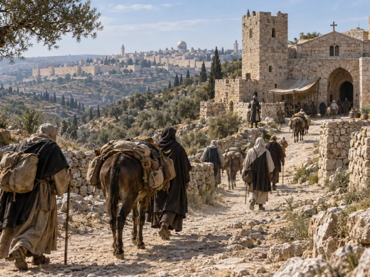 Medieval pilgrims and pack animals approaching a fortified waystation near Jerusalem