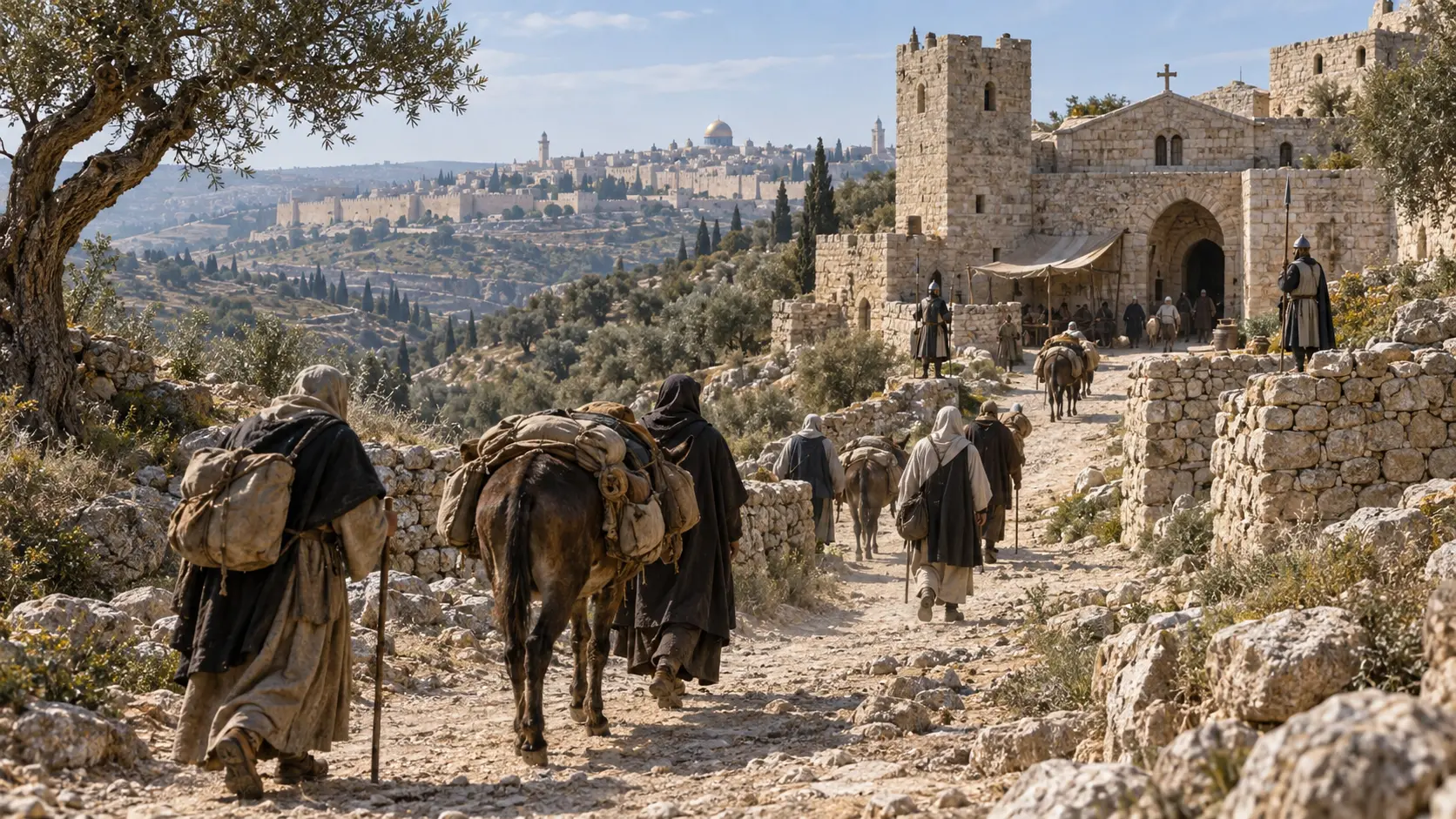 Medieval pilgrims and pack animals approaching a fortified waystation near Jerusalem