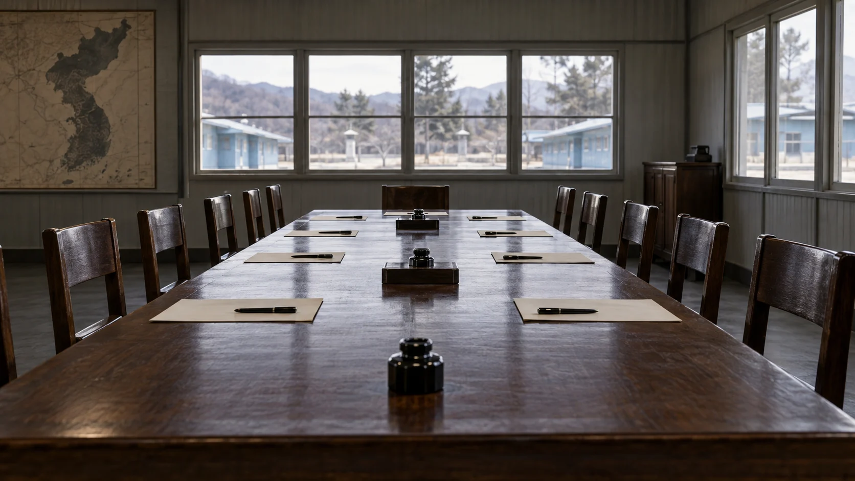 Empty 1953 armistice table with blank papers and ink pens at Panmunjom