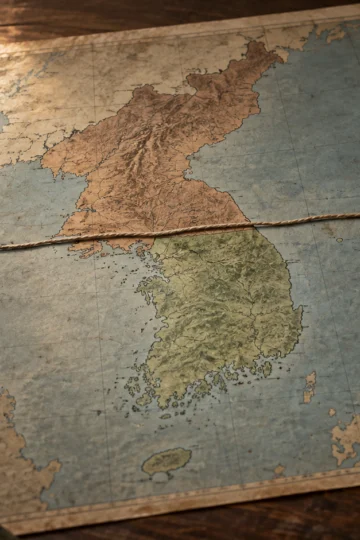 Vintage map of the Korean peninsula divided by a cord on a wooden table