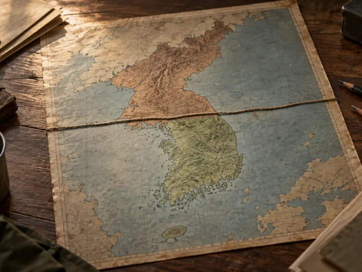 Vintage map of the Korean peninsula divided by a cord on a wooden table