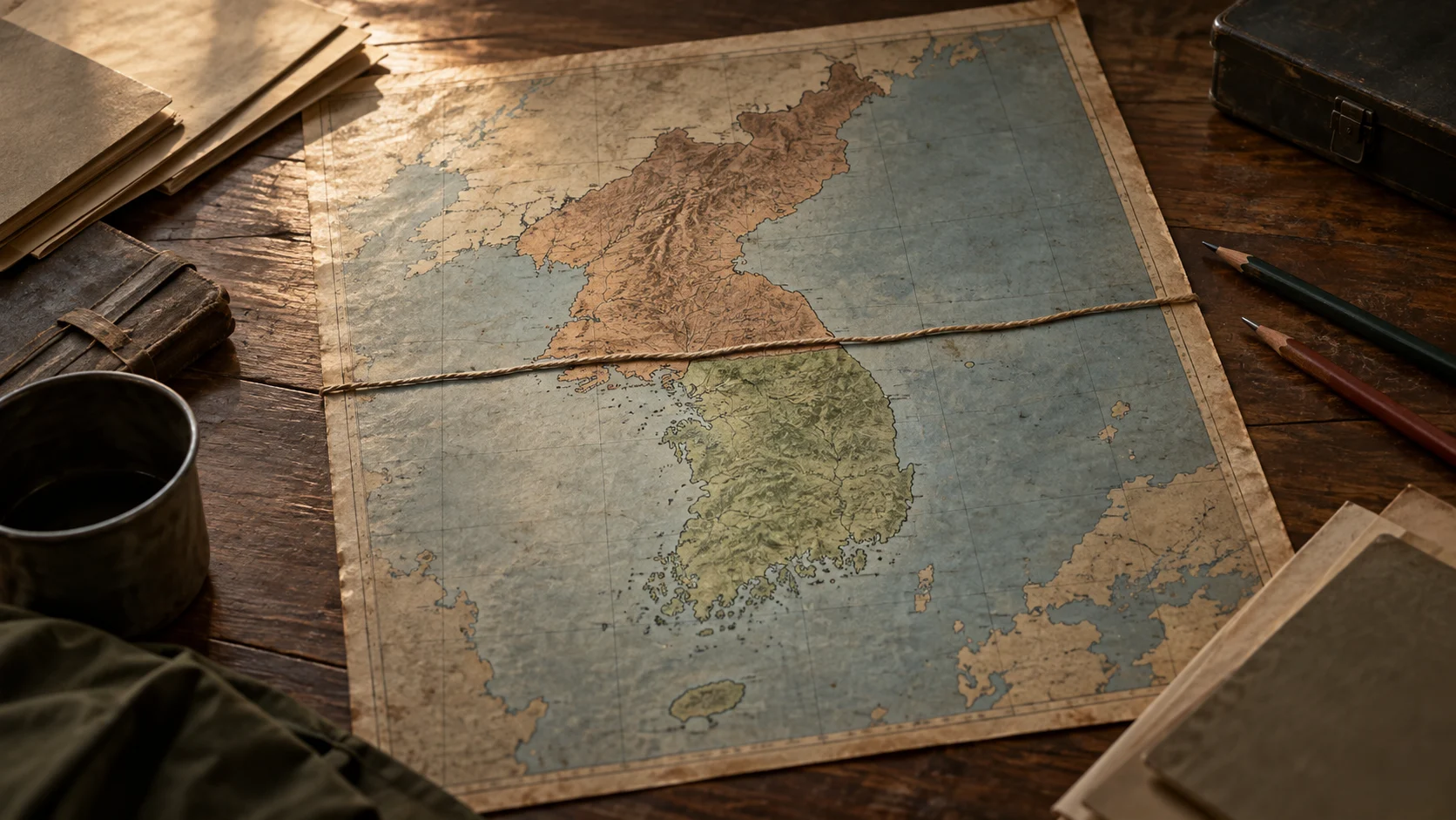 Vintage map of the Korean peninsula divided by a cord on a wooden table