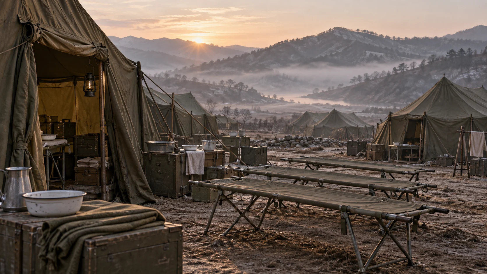Empty Korean War field hospital tents and stretchers at sunrise