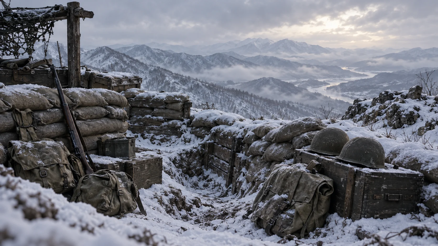 Snow-covered Korean War hill position with sandbags and abandoned field gear