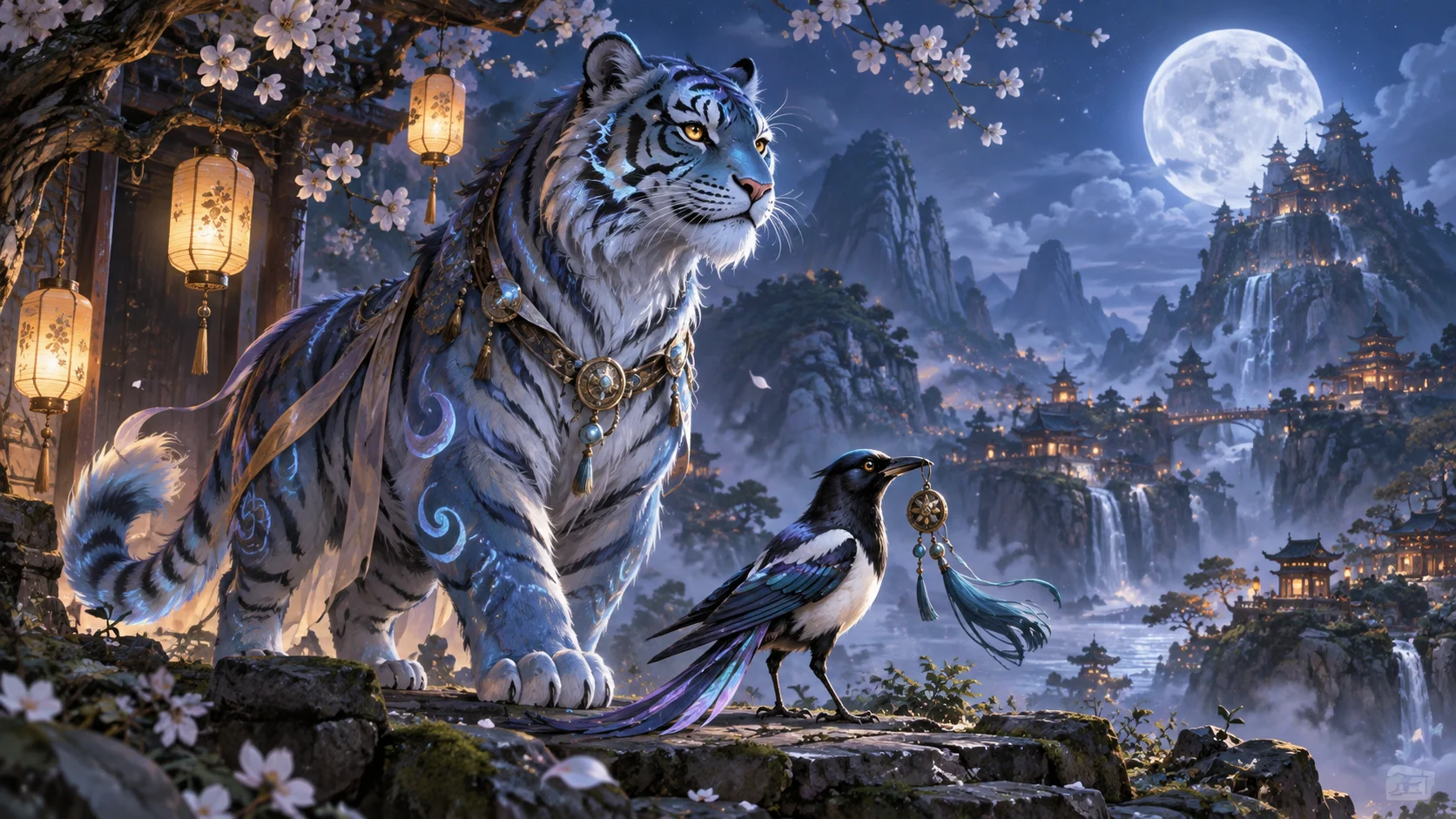 Original blue tiger-like guardian and magpie-like bird beneath moonlit lanterns