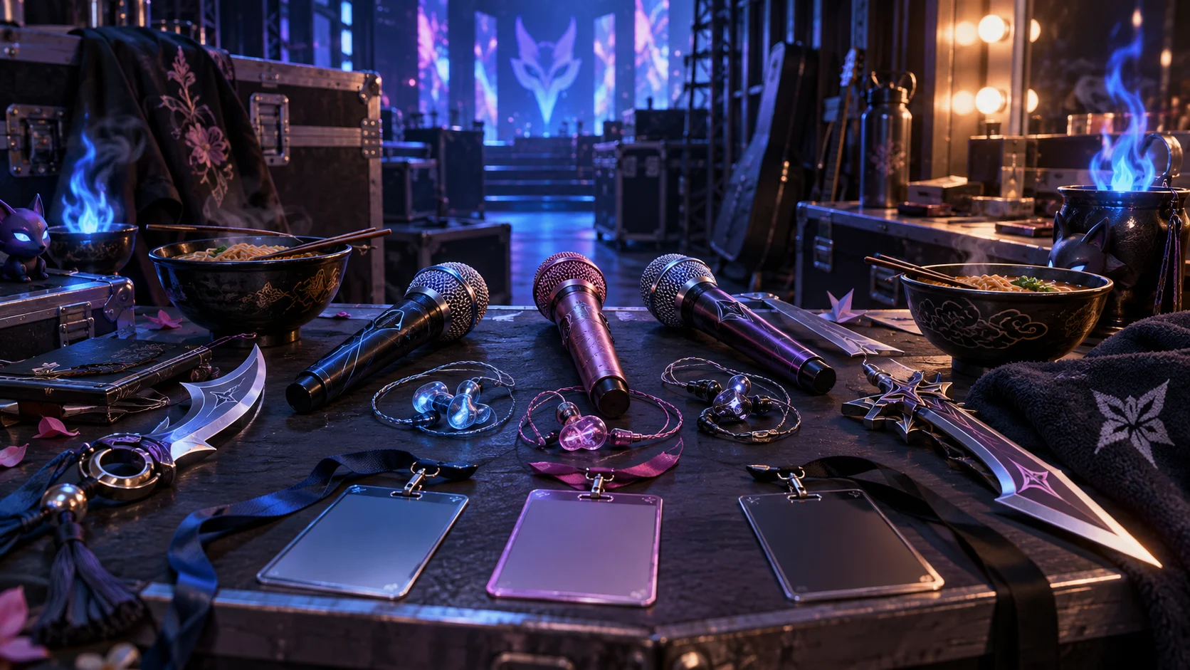 Microphones concert gear ceremonial blades spirit flames and noodle bowls backstage