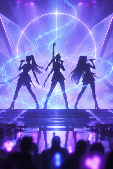 Three anonymous pop singer silhouettes performing amid violet haze and blue magical light