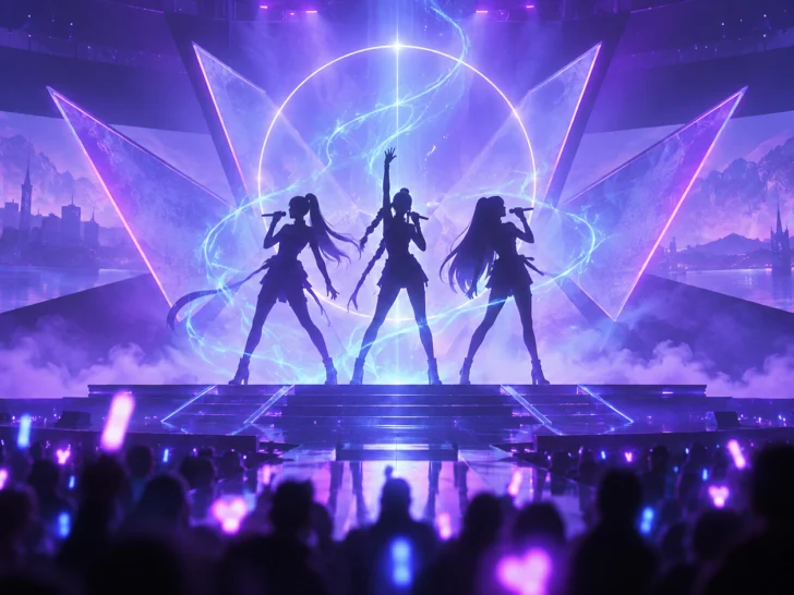 Three anonymous pop singer silhouettes performing amid violet haze and blue magical light