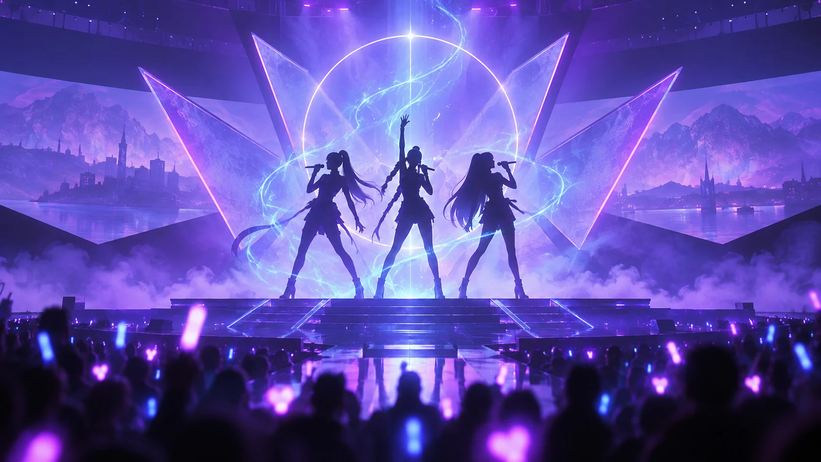 Three anonymous pop singer silhouettes performing amid violet haze and blue magical light