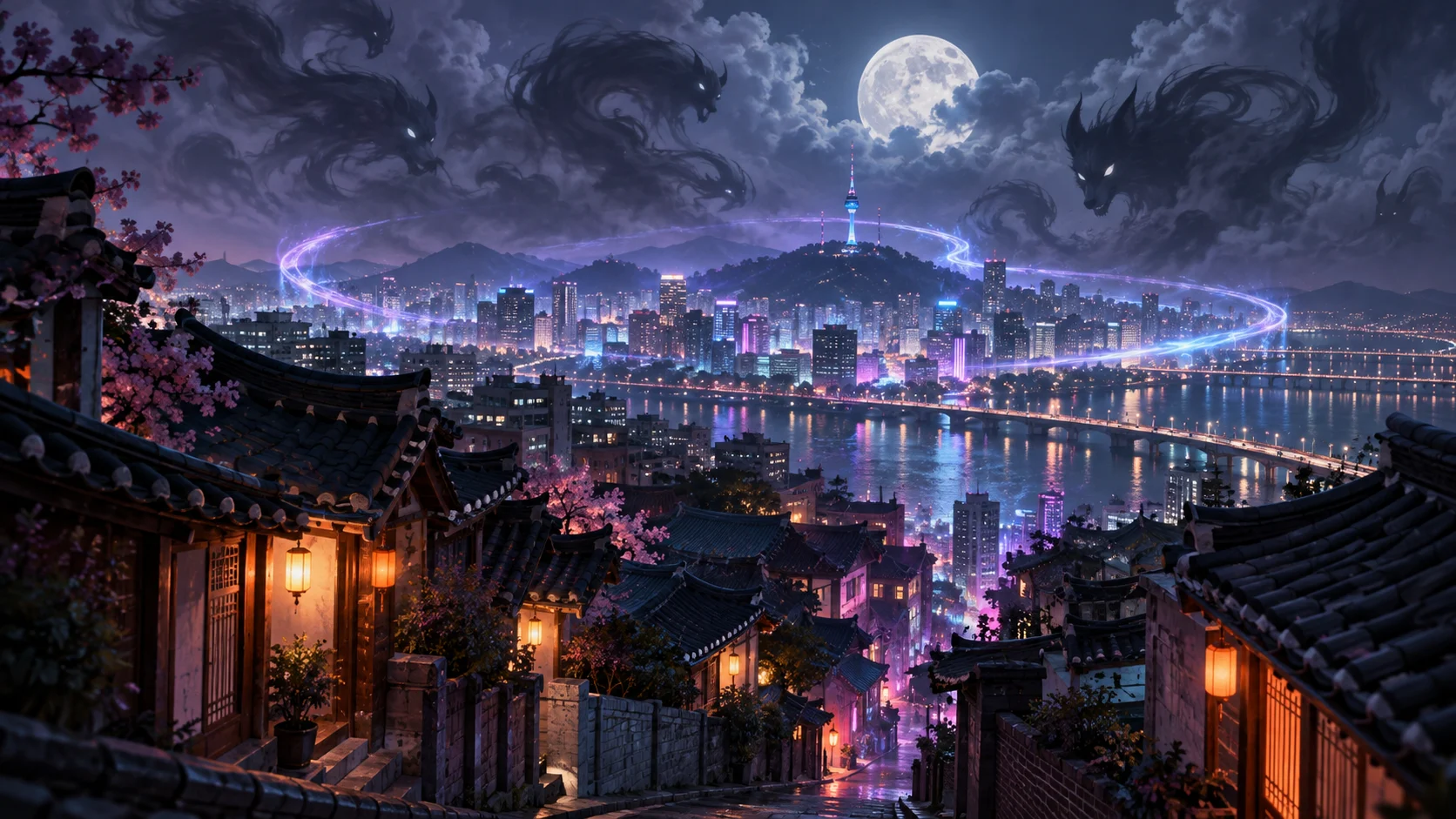 Moonlit Korean city skyline wrapped in glowing protective light