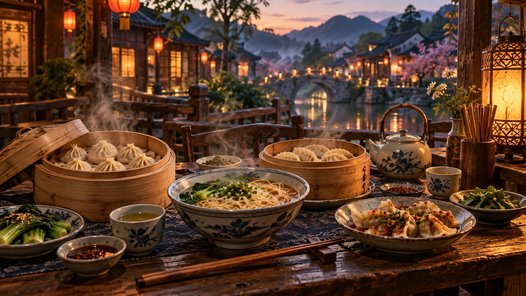 Steaming dumplings and noodle bowls in a cozy village restaurant