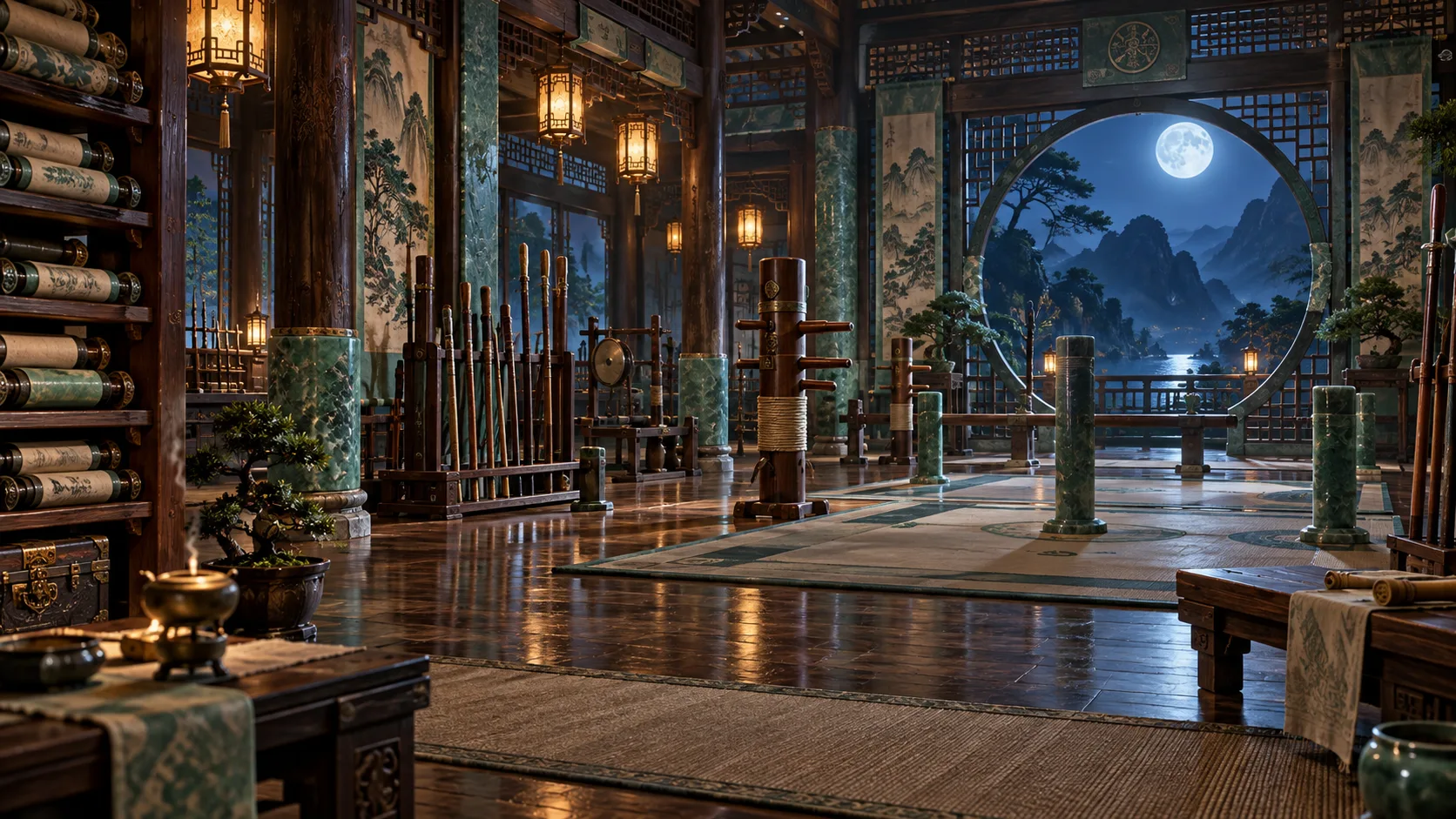 An ornate jade training hall with martial arts equipment