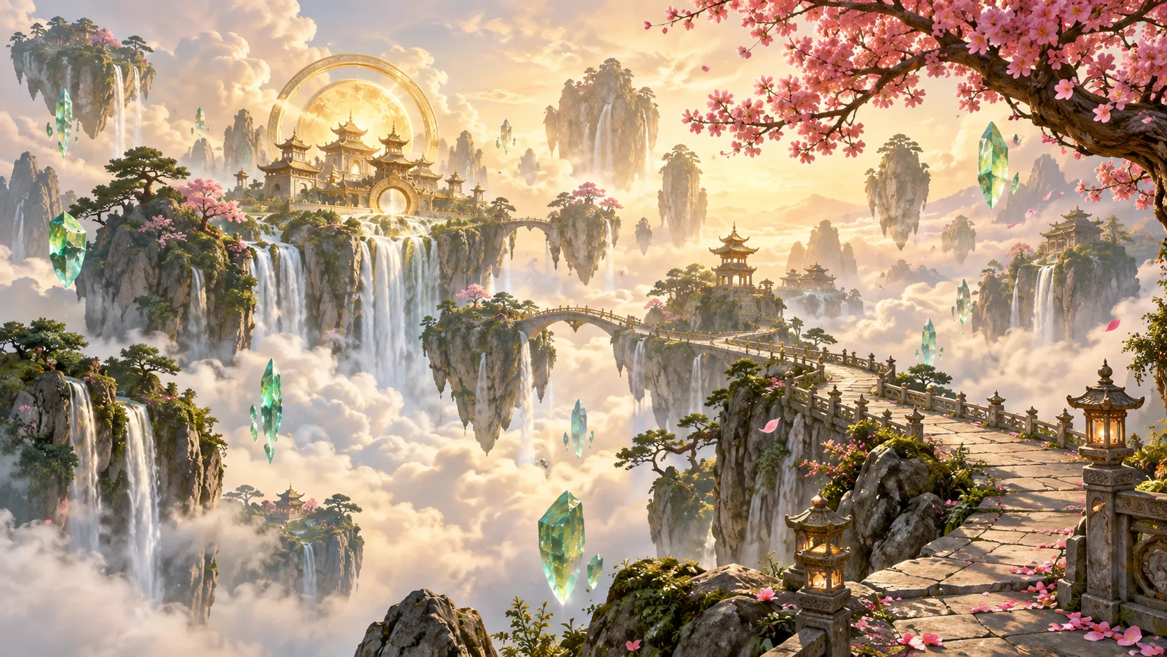 A golden spirit realm of floating mountains and peach trees