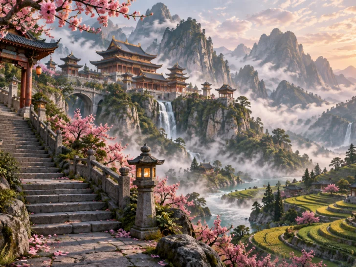 A peaceful mountain valley with a grand Chinese-inspired temple