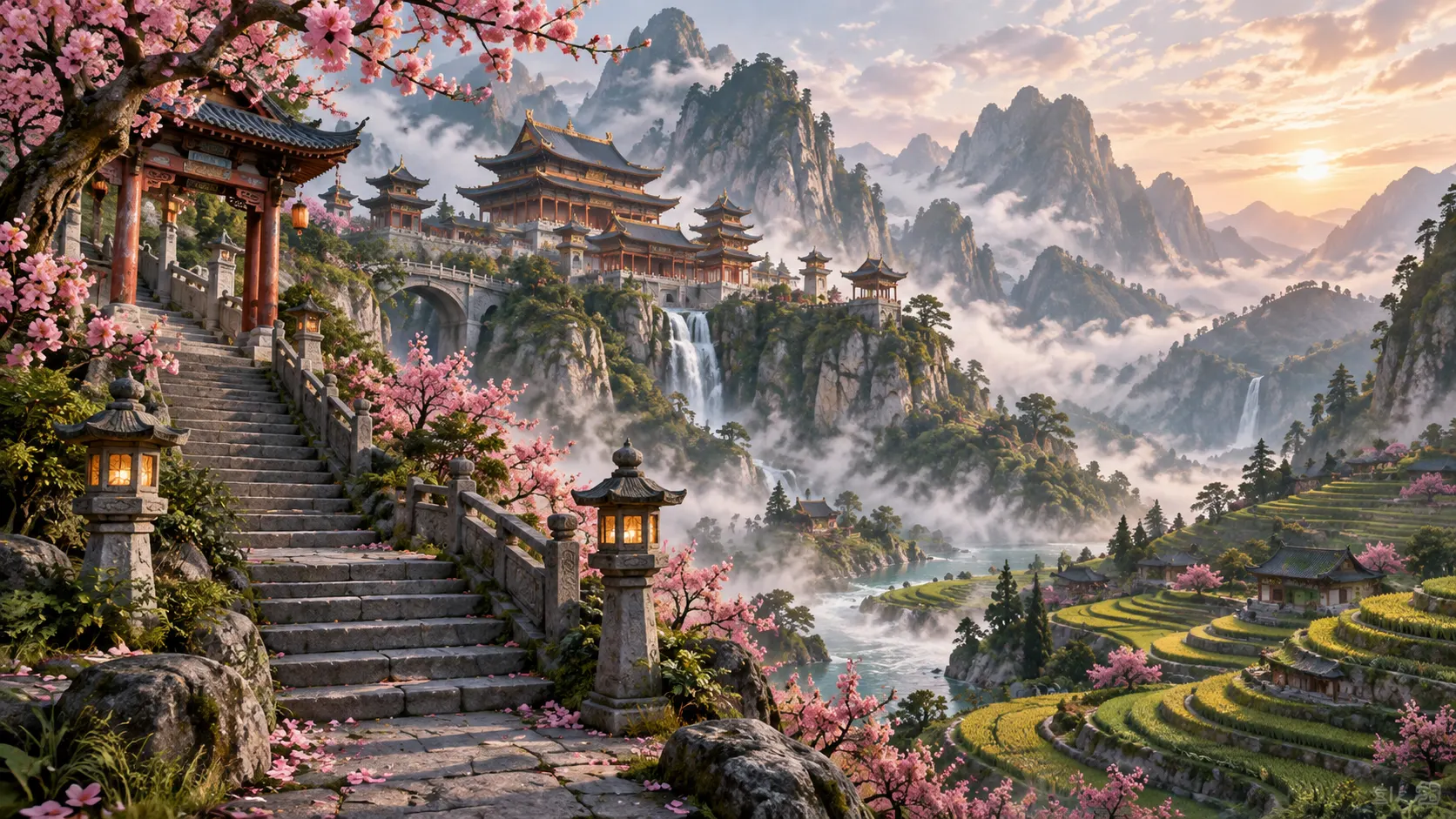 A peaceful mountain valley with a grand Chinese-inspired temple
