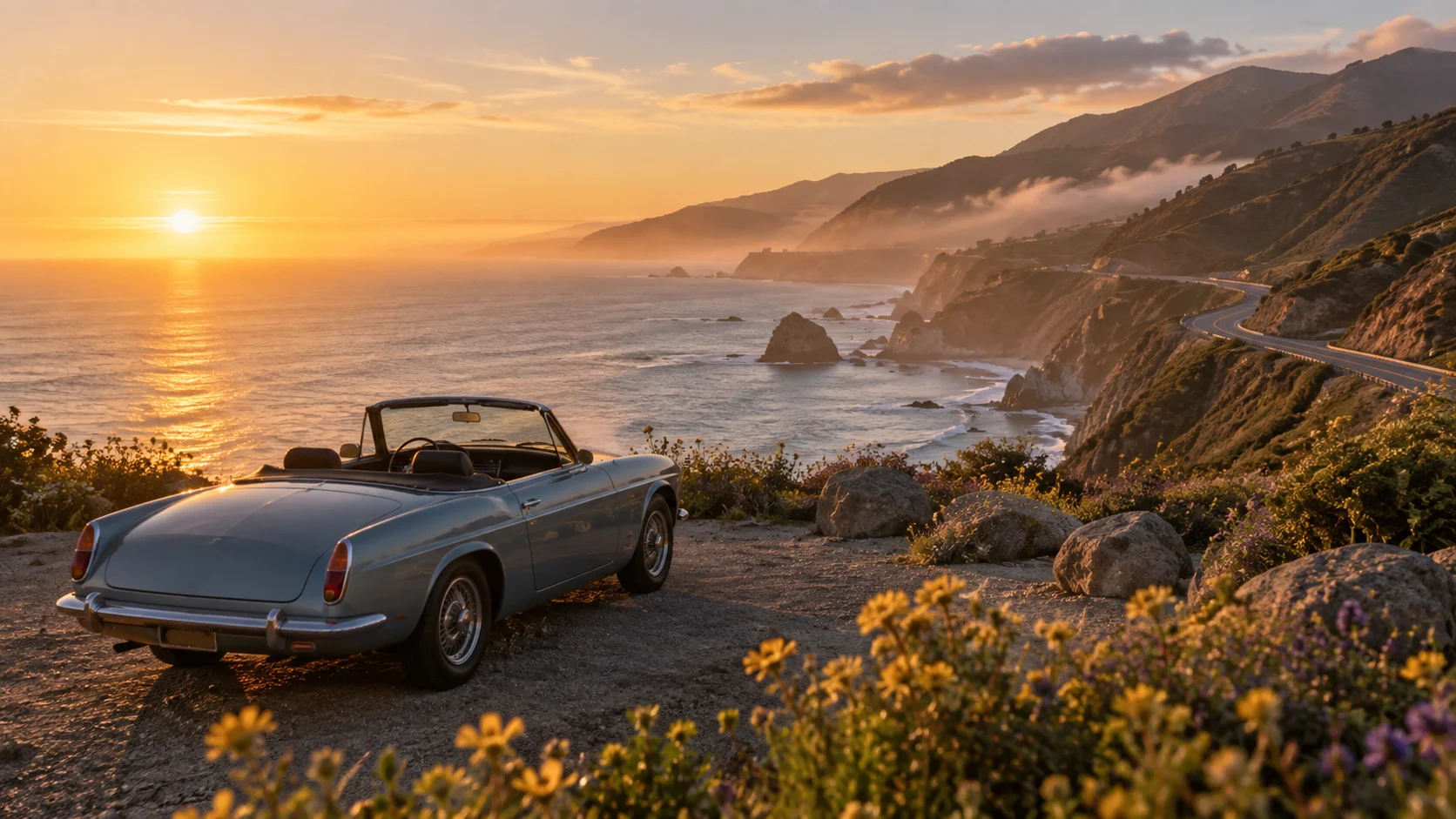 Classic convertible parked above the California coast at sunset