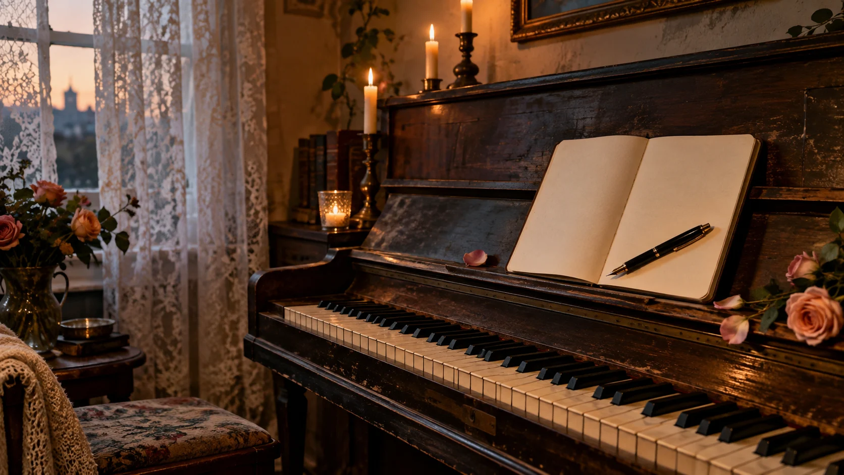 Old piano blank lyric notebook roses and candles in a quiet room