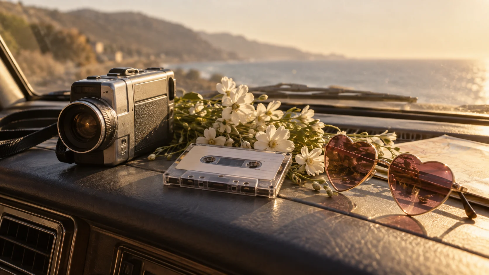Vintage camcorder flowers sunglasses and cassette on a dashboard