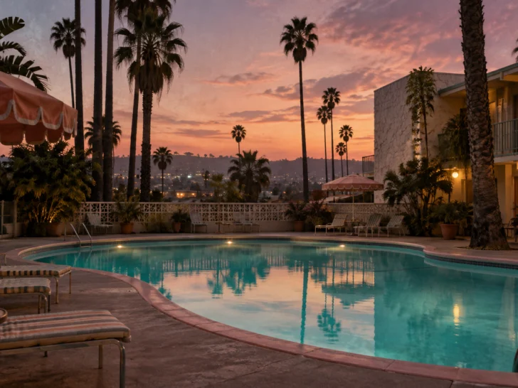 Vintage Hollywood motel pool with palm trees at twilight