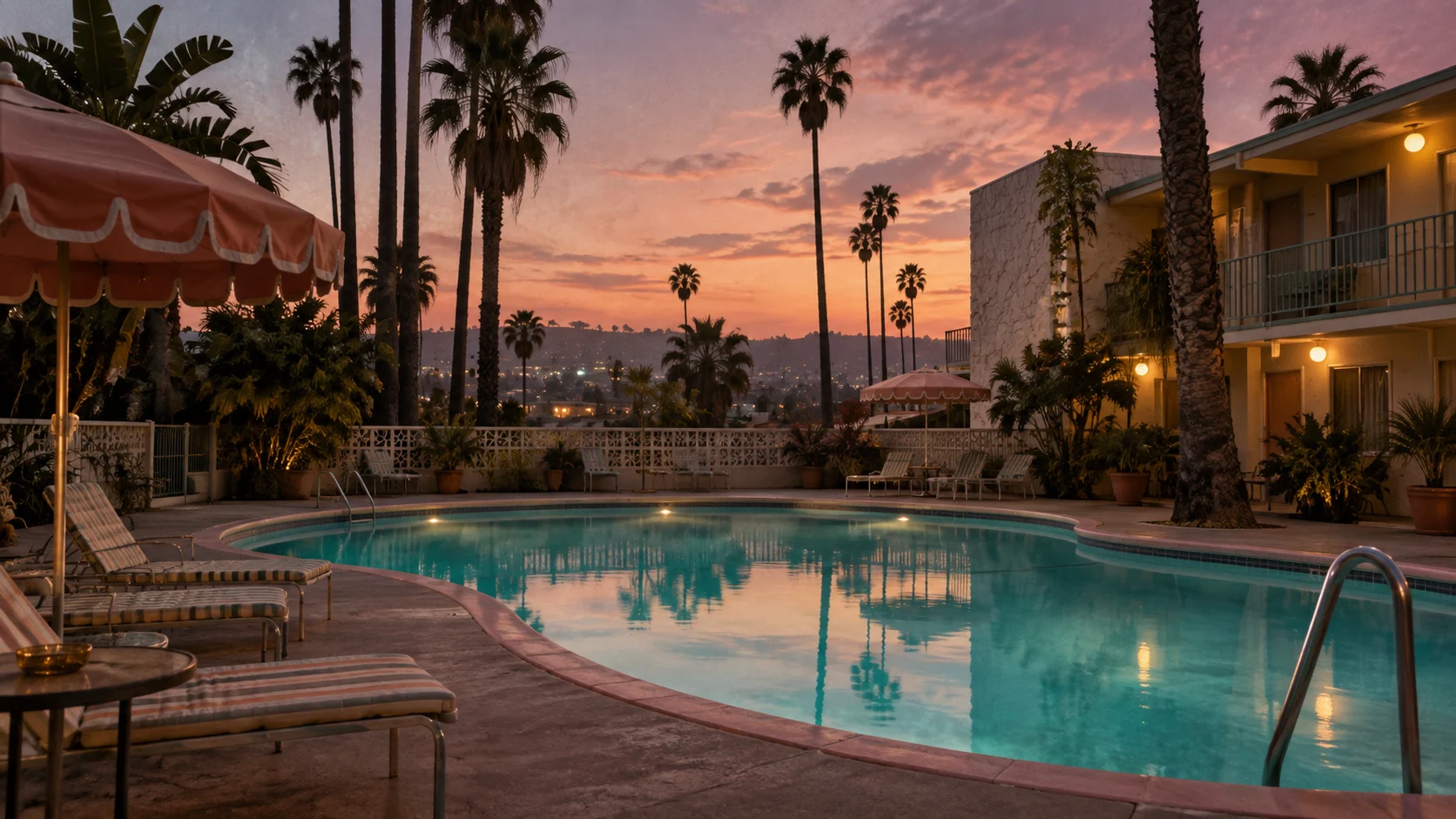 Vintage Hollywood motel pool with palm trees at twilight