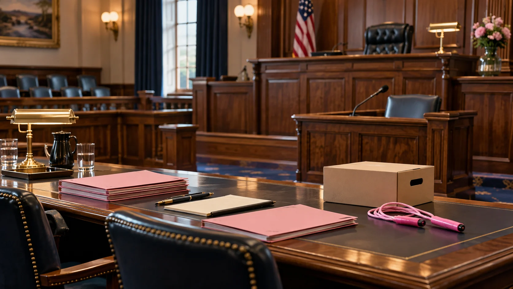 Empty wood-paneled courtroom with pink legal folders and a jump rope at counsel table