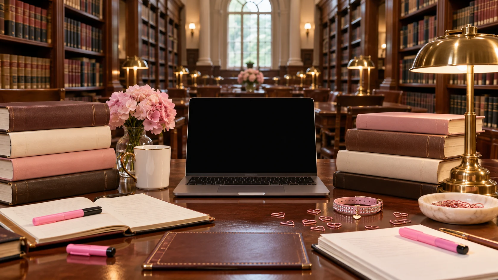 Law library study table with blank-screen laptop, pink highlighters, books, and heart paper clips