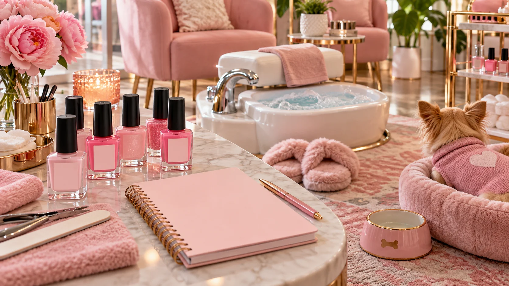 Chic pink nail salon station with polish bottles, foot spa, notebook, and a tiny dog