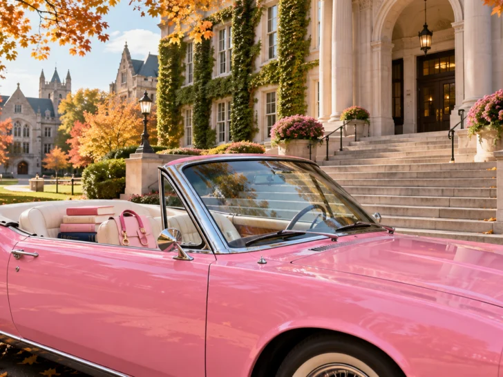 Pink convertible parked outside an ivy-covered law school campus in autumn