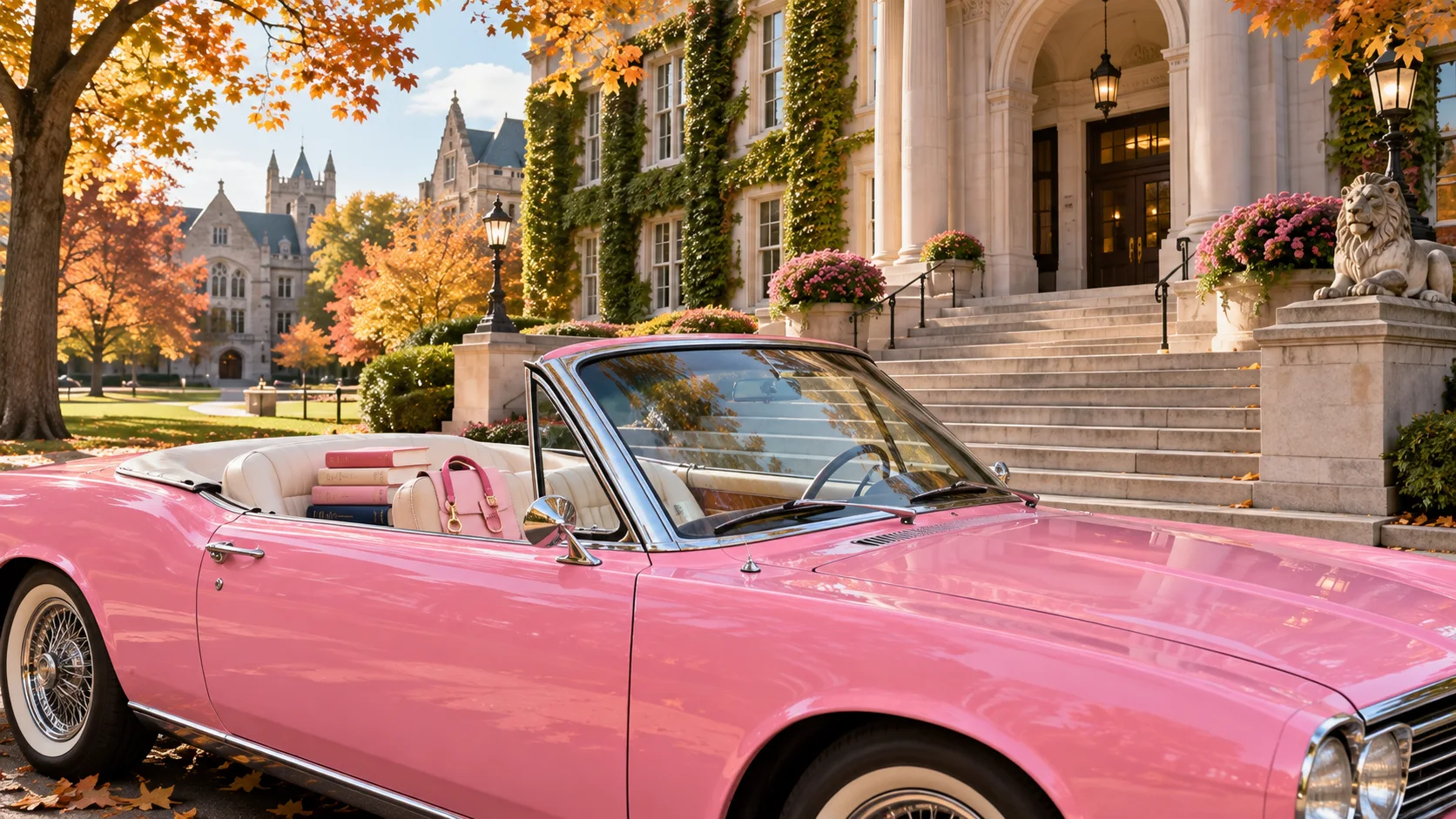 Pink convertible parked outside an ivy-covered law school campus in autumn