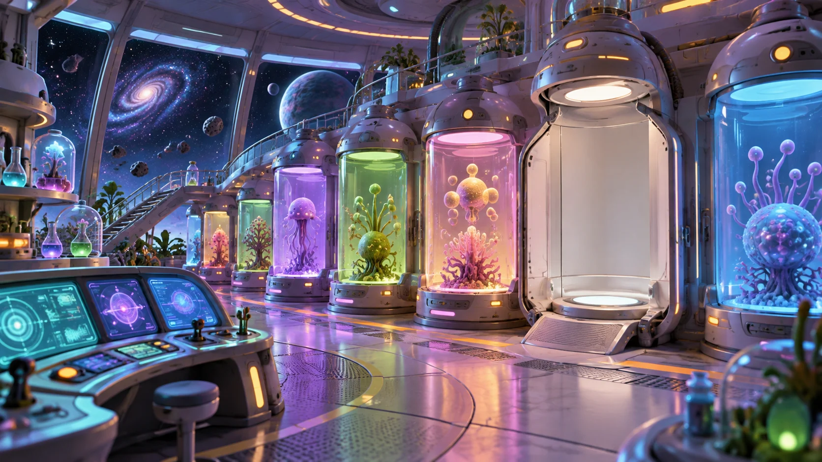 Colorful glowing specimen pods and curved consoles in an alien laboratory