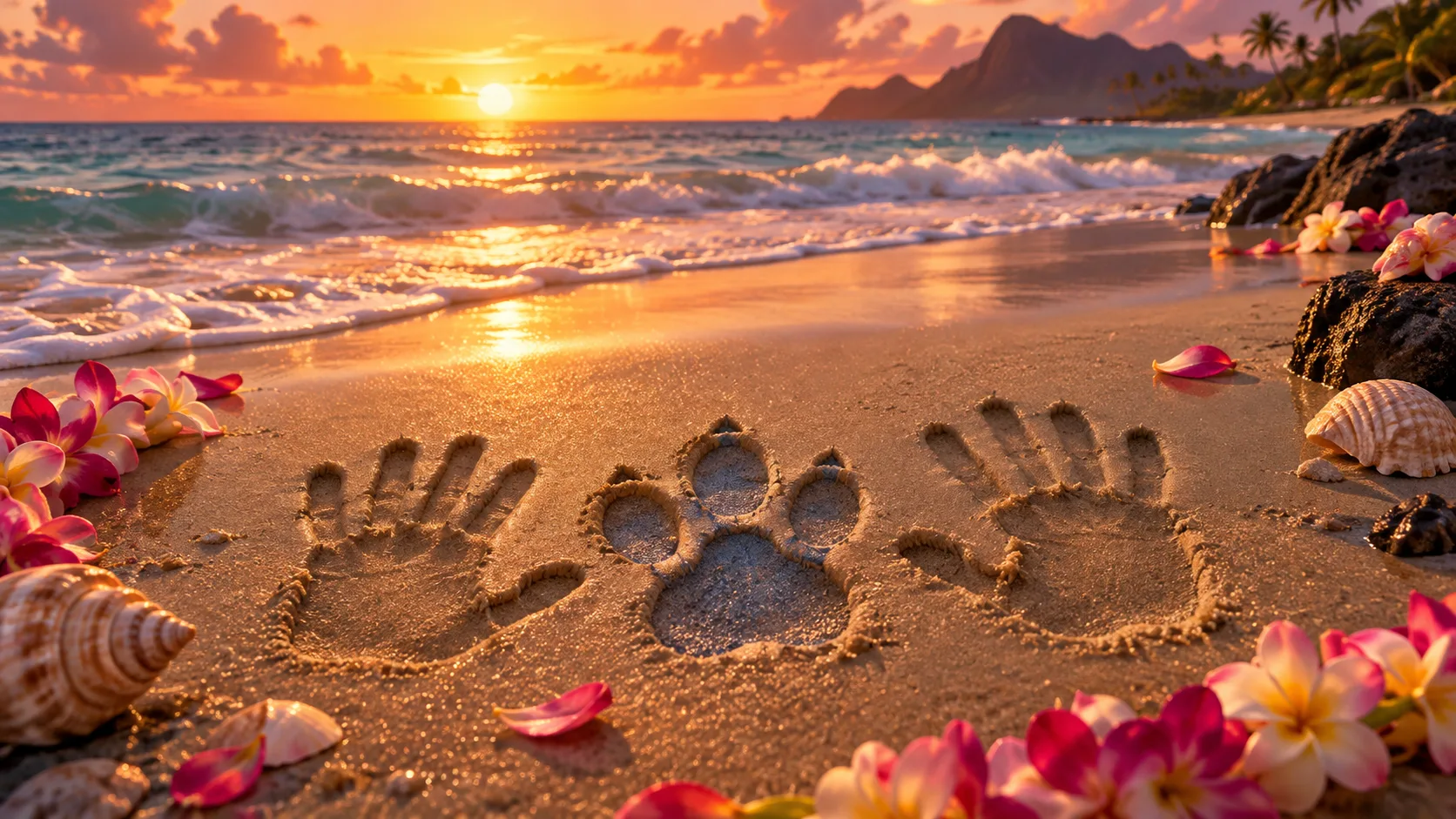 Blue alien paw print and two human handprints in beach sand with flowers