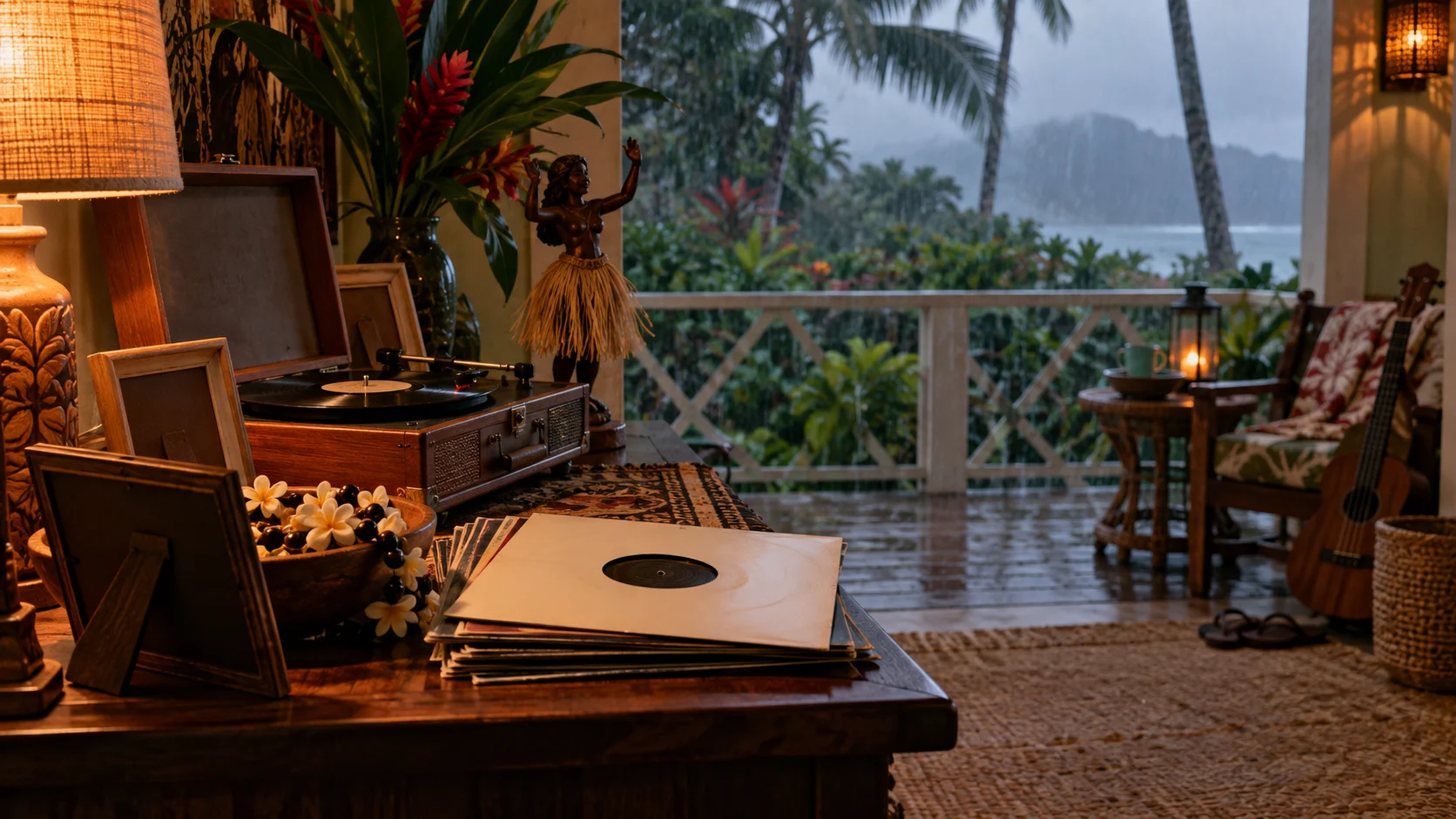 Hula skirt record player and tropical rain on a cozy island porch