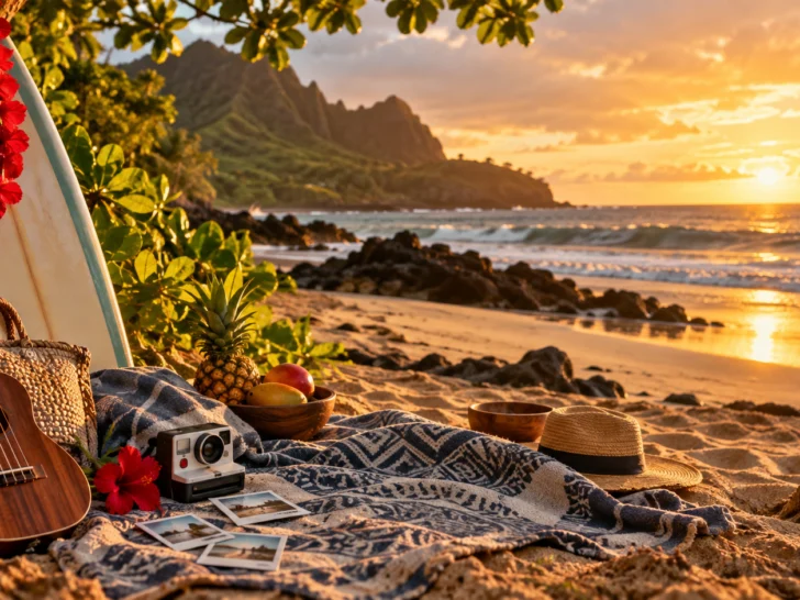 Surfboard hibiscus lei ukulele and camera on a golden Hawaiian beach