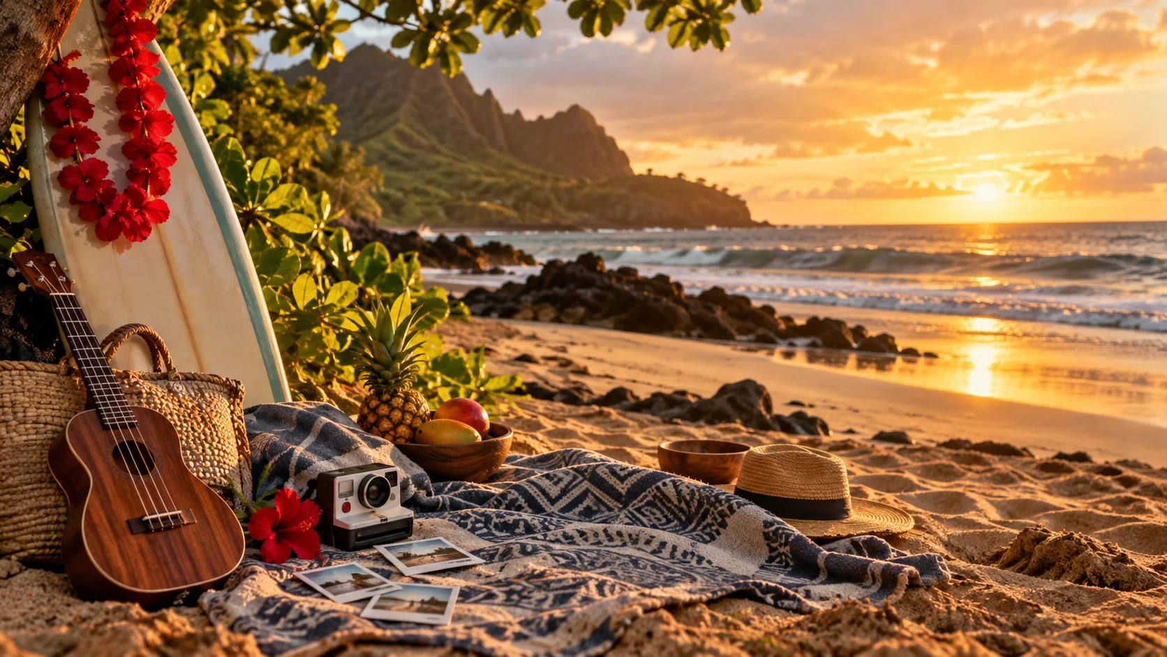 Surfboard hibiscus lei ukulele and camera on a golden Hawaiian beach