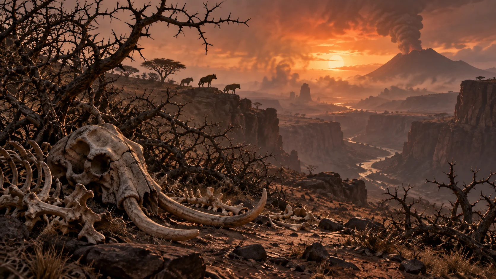 Eerie desert canyon with elephant bones thorn trees and distant hyenas