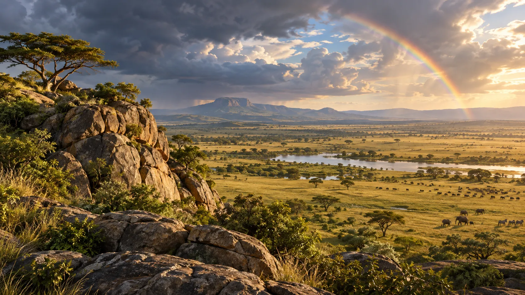 Rocky kopje above grasslands beneath clearing storm clouds and a rainbow