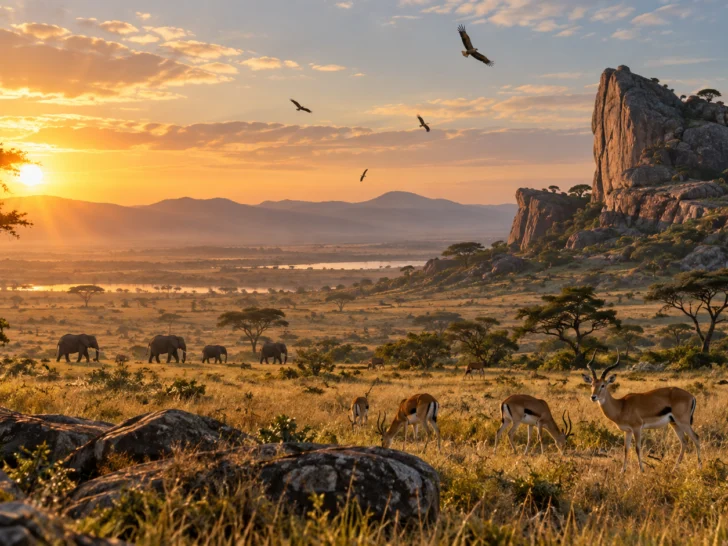 African savanna sunrise with rocky outcrop antelope elephants and circling birds