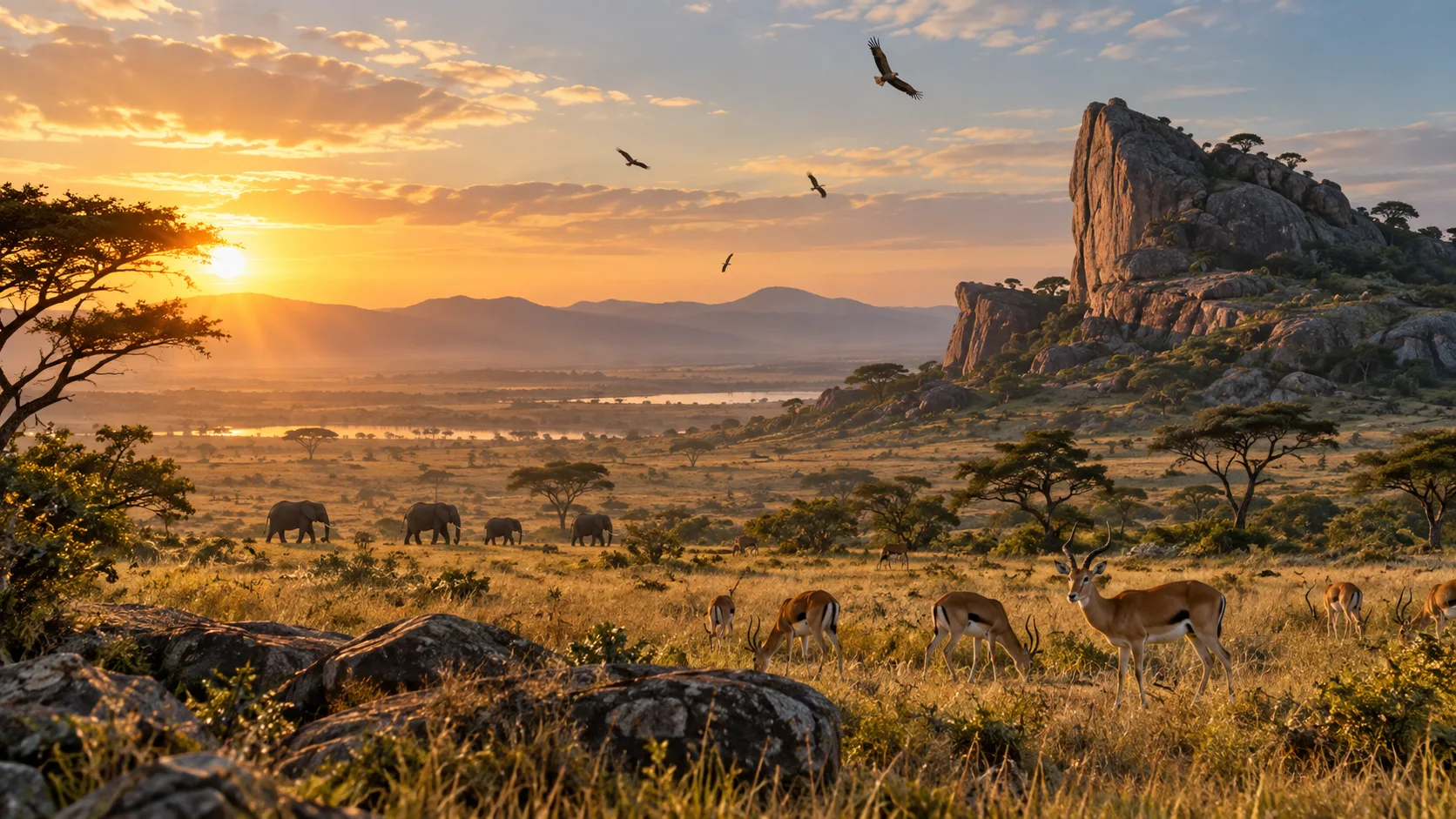 African savanna sunrise with rocky outcrop antelope elephants and circling birds