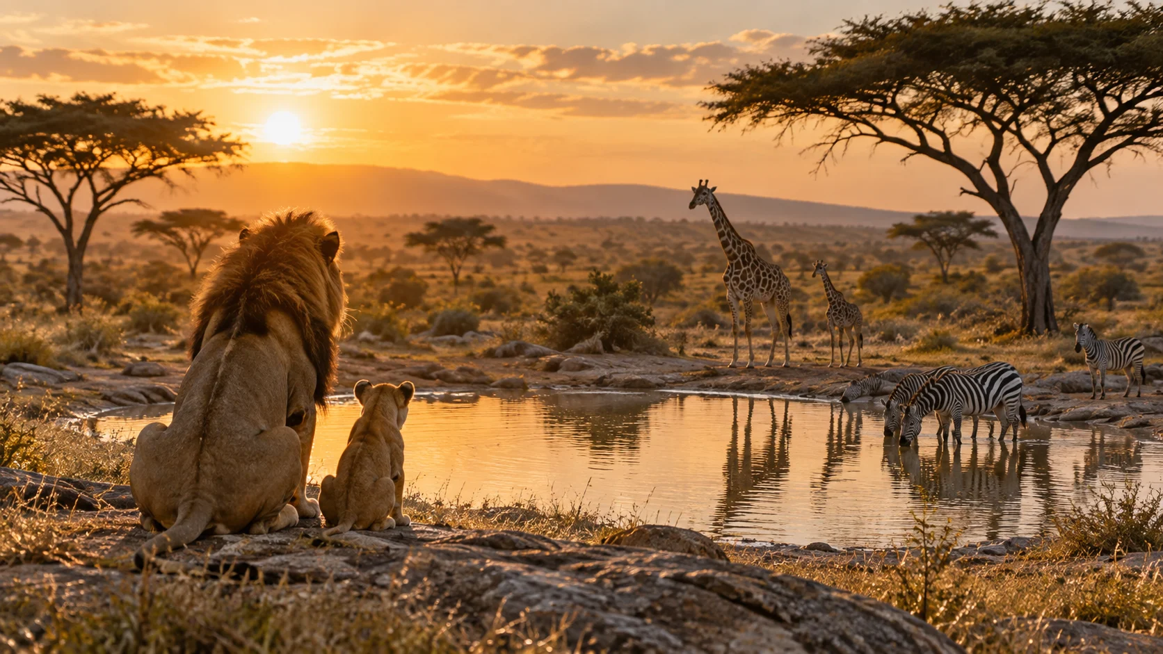 Adult lion and cub overlooking zebra giraffe and a savanna waterhole