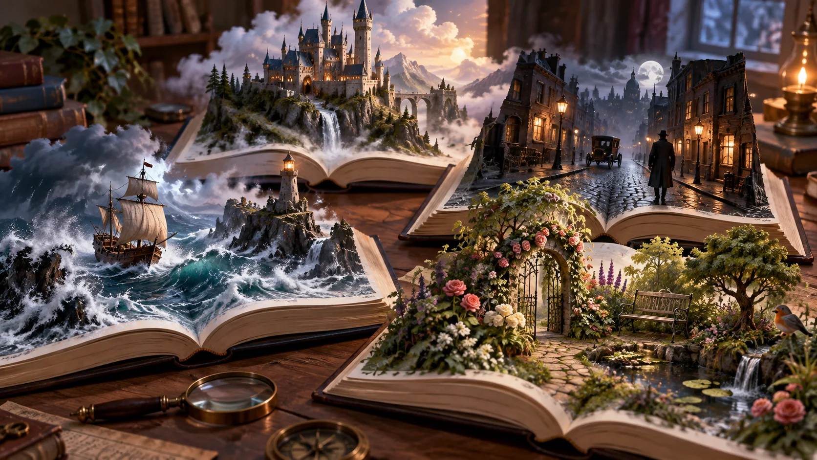 Miniature castle sea detective street and garden rising from open books