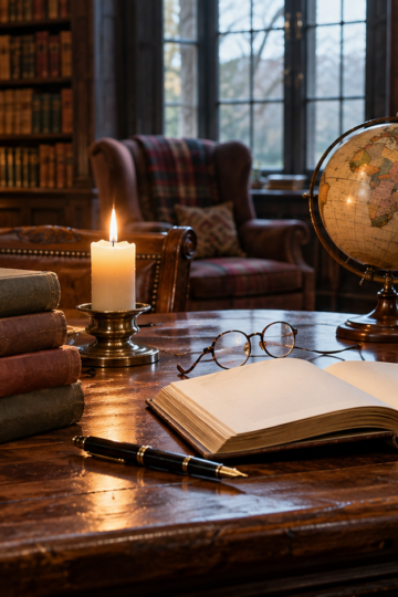 Antique books globe glasses and candle on a grand library table