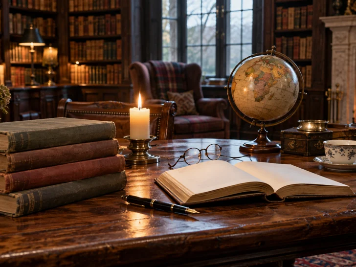 Antique books globe glasses and candle on a grand library table