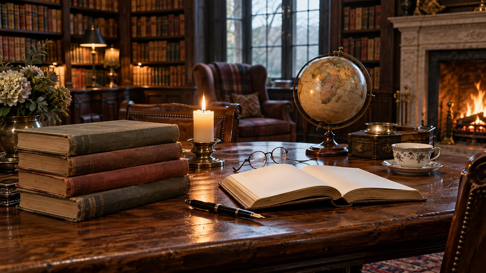 Antique books globe glasses and candle on a grand library table