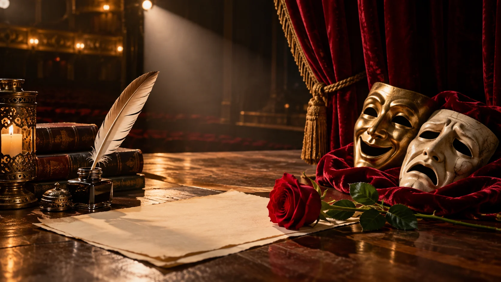 Quill blank manuscript theatrical masks and rose on a velvet stage