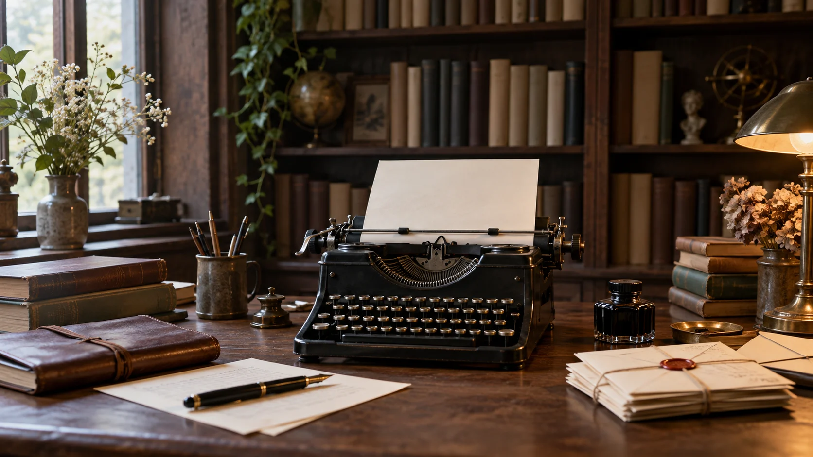 Vintage typewriter pen ink and blank letters on an author's desk
